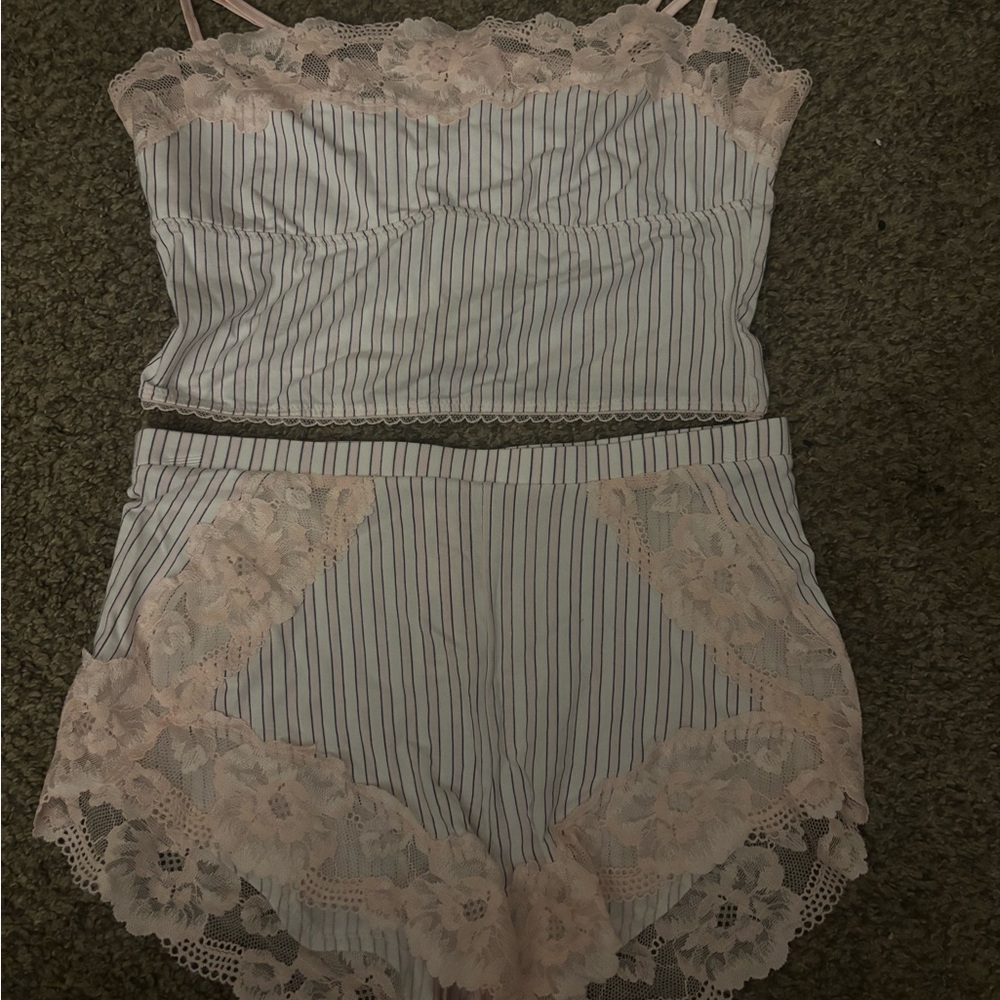 Victoria's Secret Pink and White Striped Lace Pajama Set